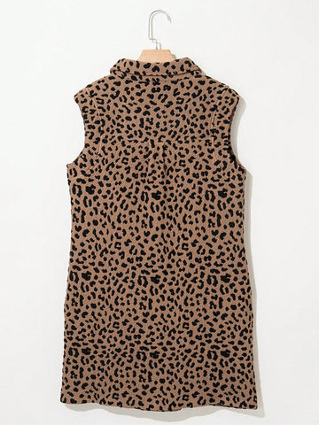 Fiyote Khaki Leopard Print V-Neck Sleeveless Mini Dress