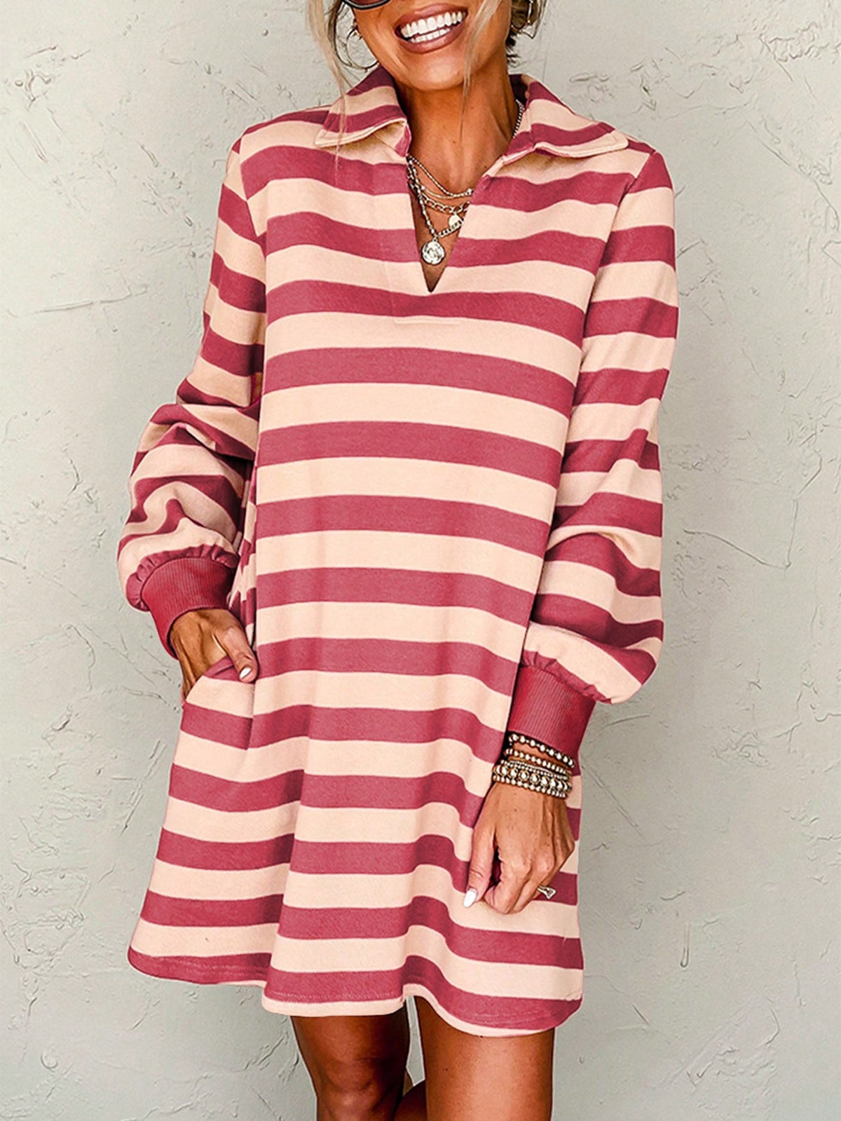 Fiyote Pink Striped Pocket V-Neck Loose Mini Dress
