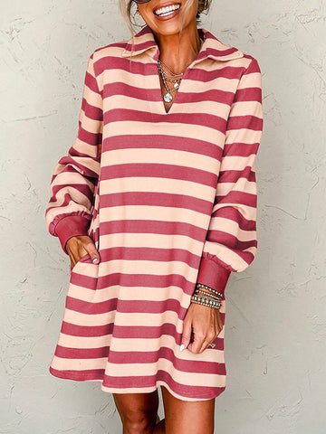 Fiyote Pink Striped Pocket V-Neck Loose Mini Dress