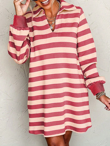 Fiyote Pink Striped Pocket V-Neck Loose Mini Dress