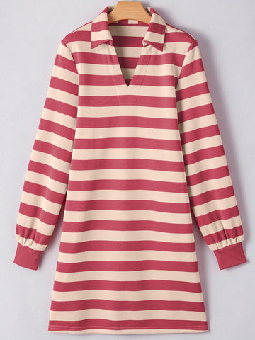 Fiyote Pink Striped Pocket V-Neck Loose Mini Dress