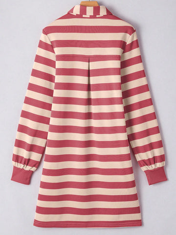 Fiyote Pink Striped Pocket V-Neck Loose Mini Dress