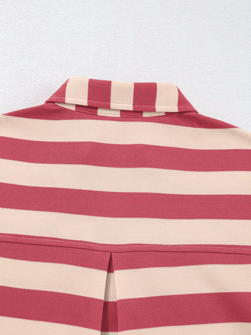 Fiyote Pink Striped Pocket V-Neck Loose Mini Dress