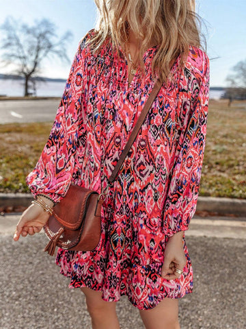 Fiyote Rose Abstract Print Tassel Neckline Long Sleeve Ruffle Hem Mini Dress