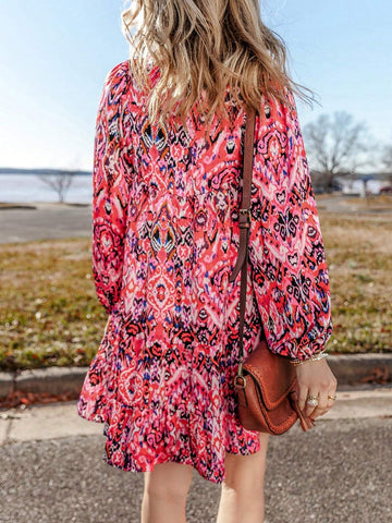 Fiyote Rose Abstract Print Tassel Neckline Long Sleeve Ruffle Hem Mini Dress