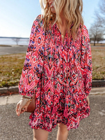 Fiyote Rose Abstract Print Tassel Neckline Long Sleeve Ruffle Hem Mini Dress