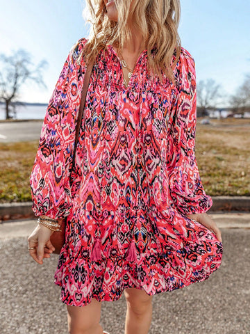 Fiyote Rose Abstract Print Tassel Neckline Long Sleeve Ruffle Hem Mini Dress
