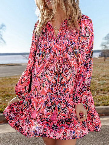 Fiyote Rose Abstract Print Tassel Neckline Long Sleeve Ruffle Hem Mini Dress