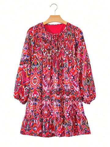 Fiyote Rose Abstract Print Tassel Neckline Long Sleeve Ruffle Hem Mini Dress