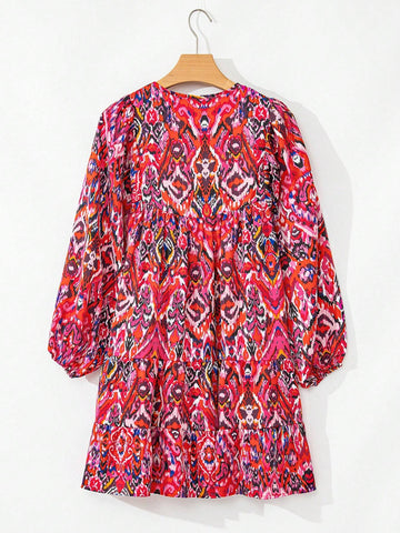 Fiyote Rose Abstract Print Tassel Neckline Long Sleeve Ruffle Hem Mini Dress