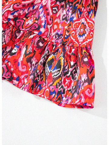 Fiyote Rose Abstract Print Tassel Neckline Long Sleeve Ruffle Hem Mini Dress