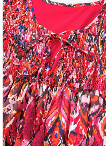 Fiyote Rose Abstract Print Tassel Neckline Long Sleeve Ruffle Hem Mini Dress