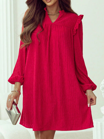Fiyote Wine Red Textured Ruffled V-Neck Loose Mini Dress