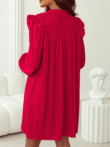Fiyote Wine Red Textured Ruffled V-Neck Loose Mini Dress