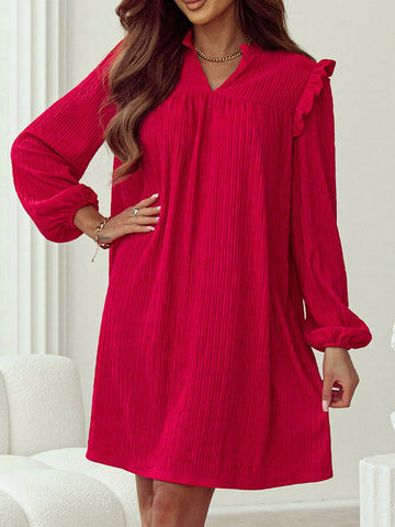 Fiyote Wine Red Textured Ruffled V-Neck Loose Mini Dress