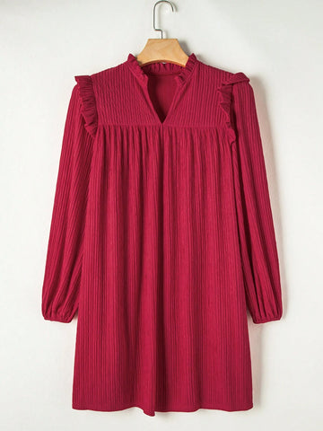 Fiyote Wine Red Textured Ruffled V-Neck Loose Mini Dress