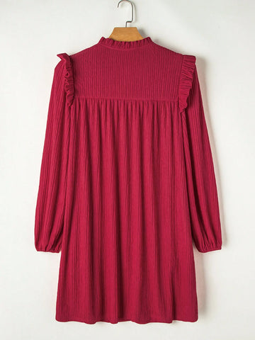 Fiyote Wine Red Textured Ruffled V-Neck Loose Mini Dress