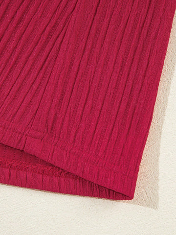 Fiyote Wine Red Textured Ruffled V-Neck Loose Mini Dress