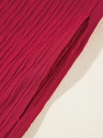 Fiyote Wine Red Textured Ruffled V-Neck Loose Mini Dress