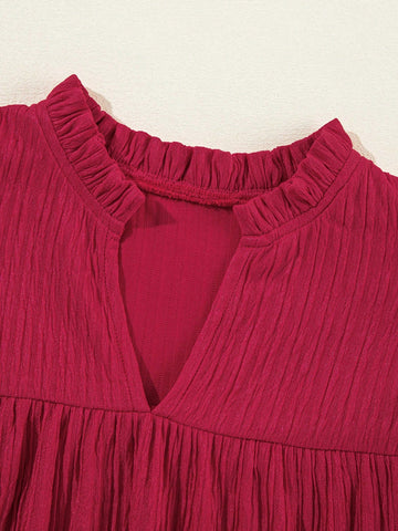 Fiyote Wine Red Textured Ruffled V-Neck Loose Mini Dress