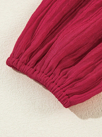 Fiyote Wine Red Textured Ruffled V-Neck Loose Mini Dress