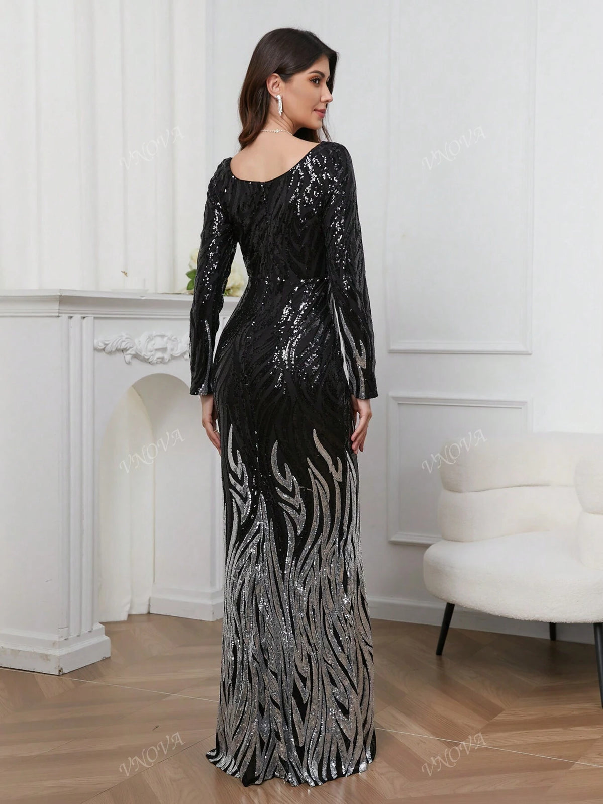 Flame Pattern Elegant Long Sleeve Party Evening Dress For Women