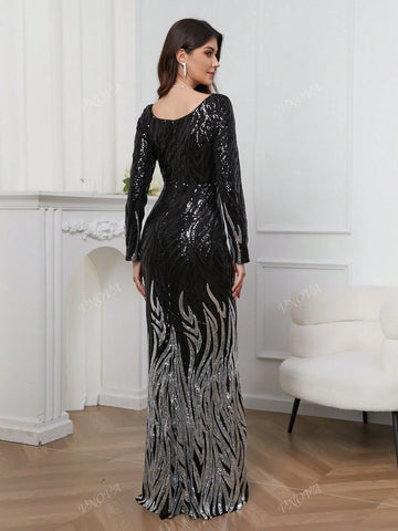 Flame Pattern Elegant Long Sleeve Party Evening Dress For Women