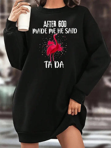 Flamingo & Alphabet Print Crew Neck Dress, Fall/Winter, Women's Wear