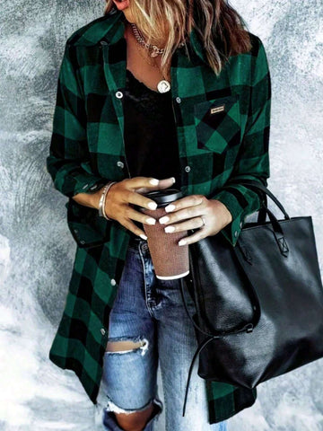 Women 2024 Fall Fashion Long Sleeve Plaid Button Down Shirts