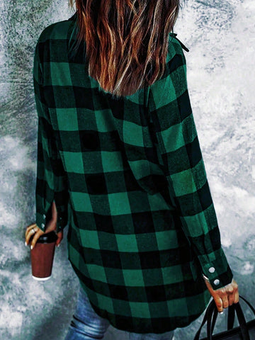Women 2024 Fall Fashion Long Sleeve Plaid Button Down Shirts
