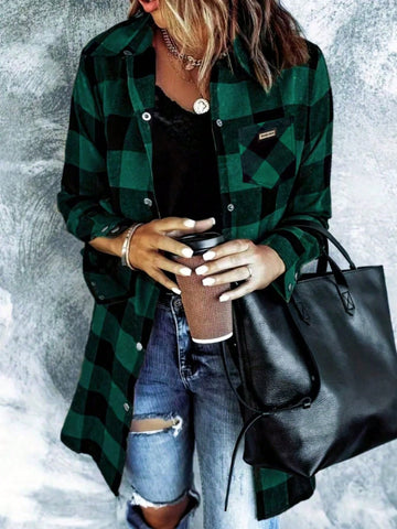 Women 2024 Fall Fashion Long Sleeve Plaid Button Down Shirts
