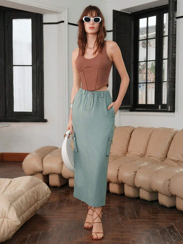 Flap Pocket Side Drawstring Waist Cargo Skirt