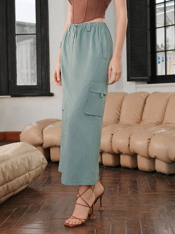 Flap Pocket Side Drawstring Waist Cargo Skirt