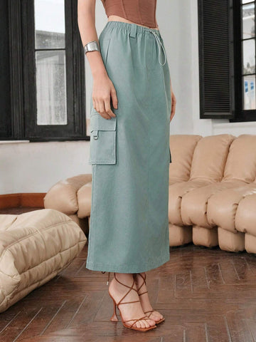 Flap Pocket Side Drawstring Waist Cargo Skirt