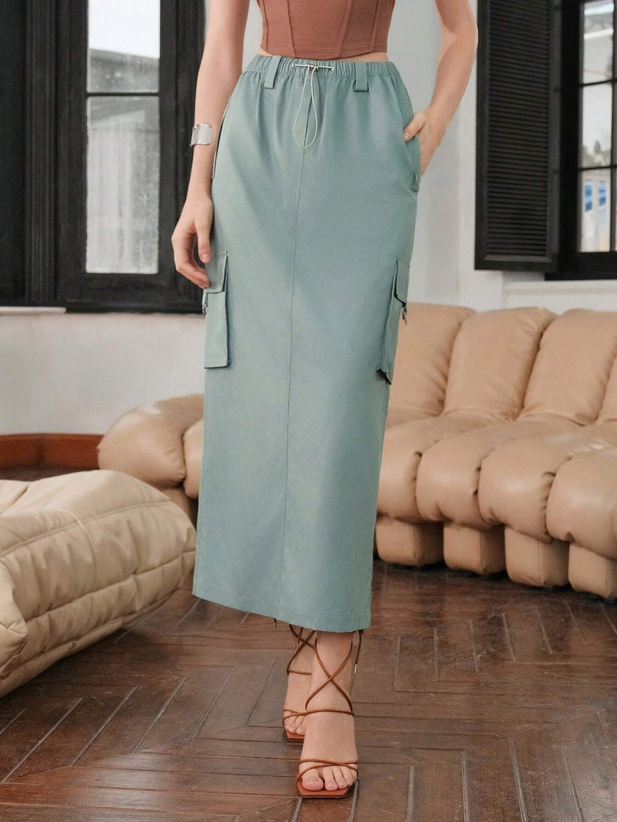 Flap Pocket Side Drawstring Waist Cargo Skirt