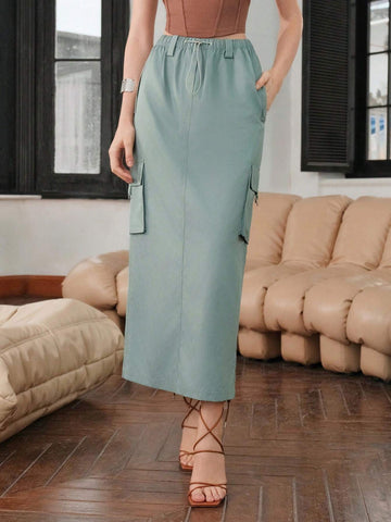 Flap Pocket Side Drawstring Waist Cargo Skirt
