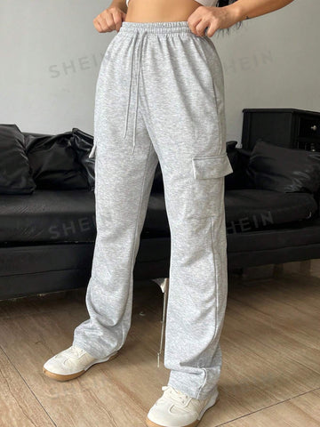 Flap Pocket Side Drawstring Waist Sweatpants