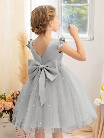 Flare Sleeve Mesh Tulle Princess Dress For Young Girls, Suitable For Birthday Party, Wedding