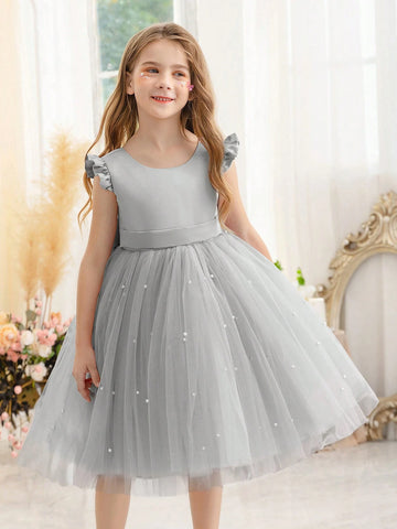 Flare Sleeve Mesh Tulle Princess Dress For Young Girls, Suitable For Birthday Party, Wedding