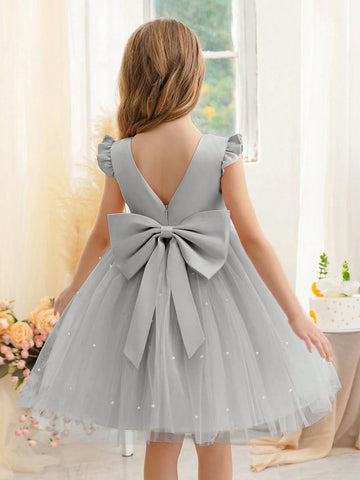 Flare Sleeve Mesh Tulle Princess Dress For Young Girls, Suitable For Birthday Party, Wedding