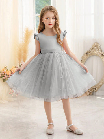 Flare Sleeve Mesh Tulle Princess Dress For Young Girls, Suitable For Birthday Party, Wedding