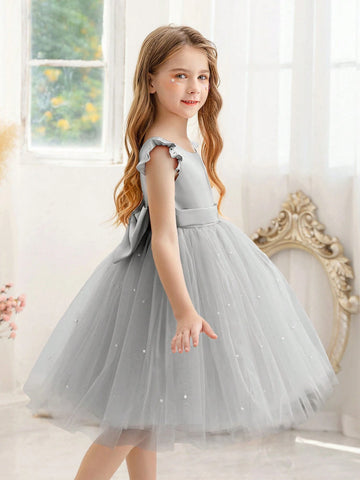 Flare Sleeve Mesh Tulle Princess Dress For Young Girls, Suitable For Birthday Party, Wedding