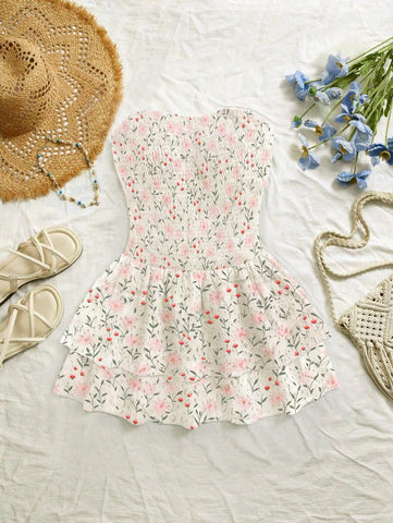 Flirla Navy Blue Vacation Style Pleated Sleeveless Bandeau Sexy Cinched Waist Hollow Embroidery Ruffle Hem Elegant Dress