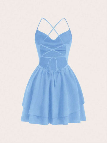 Flirla Textured Criss-Cross Backless Tie-Up Women Dress