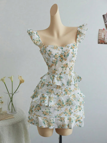 Flirla Women's Printed Stylish Niche Waist-Cinching Slim Sexy Short Dress. Suitable For Spring And Summer. Wedding Season.