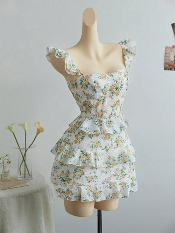 Flirla Women's Printed Stylish Niche Waist-Cinching Slim Sexy Short Dress. Suitable For Spring And Summer. Wedding Season.