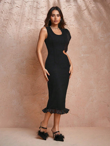 FloraPessonia Designer Side Cutout Puffy Organza Sleeve Tube Dress
