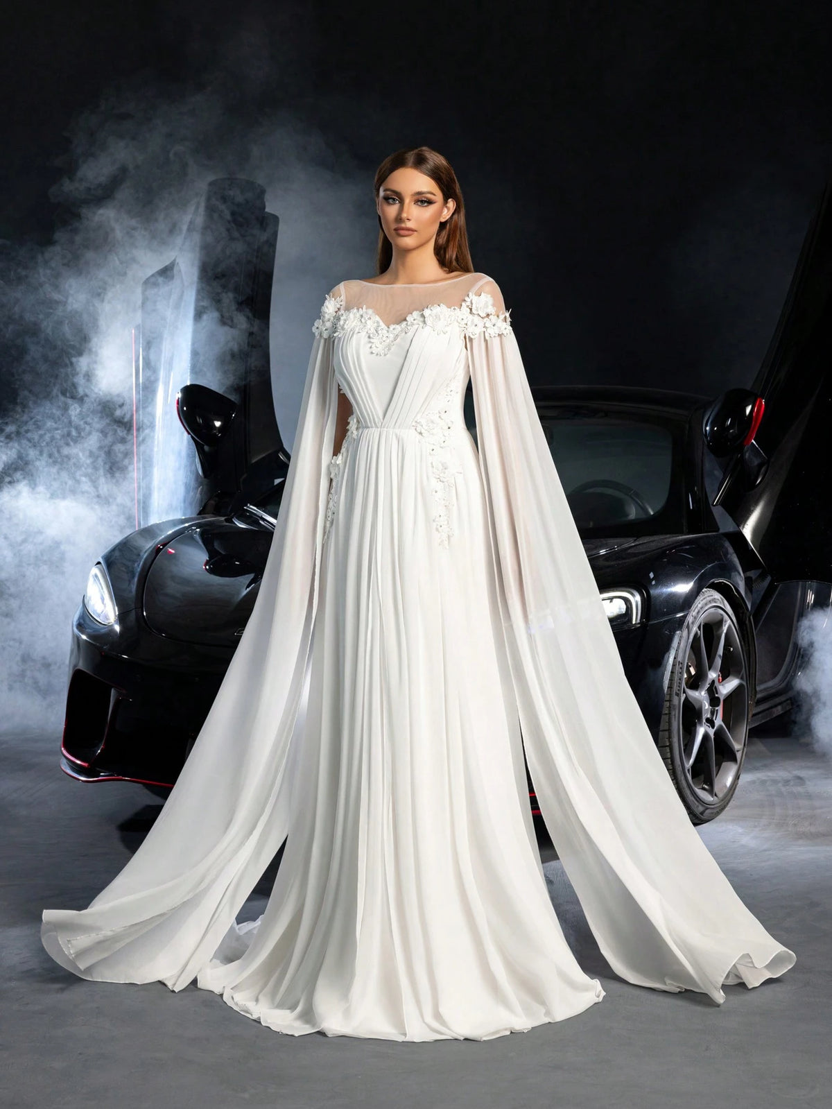 Floral Applique Detail Off Shoulder Cape Sleeves Chiffon Wedding Dress