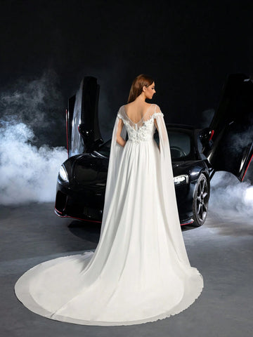 Floral Applique Detail Off Shoulder Cape Sleeves Chiffon Wedding Dress