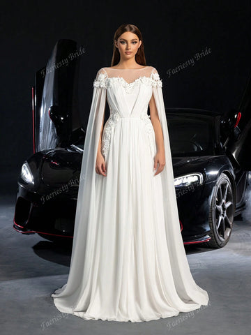 Floral Applique Detail Off Shoulder Cape Sleeves Chiffon Wedding Dress